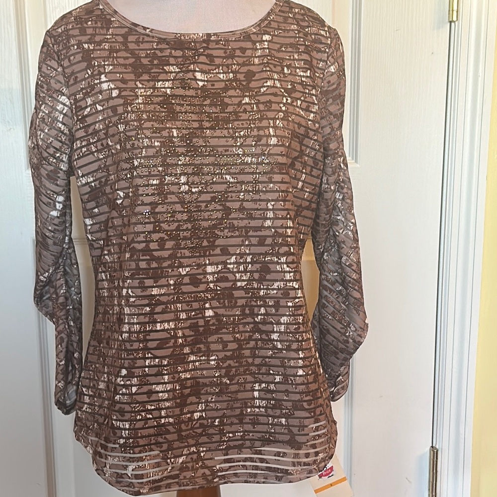 Multiples Brown Blouse with Long Sleeves and Sequin Style